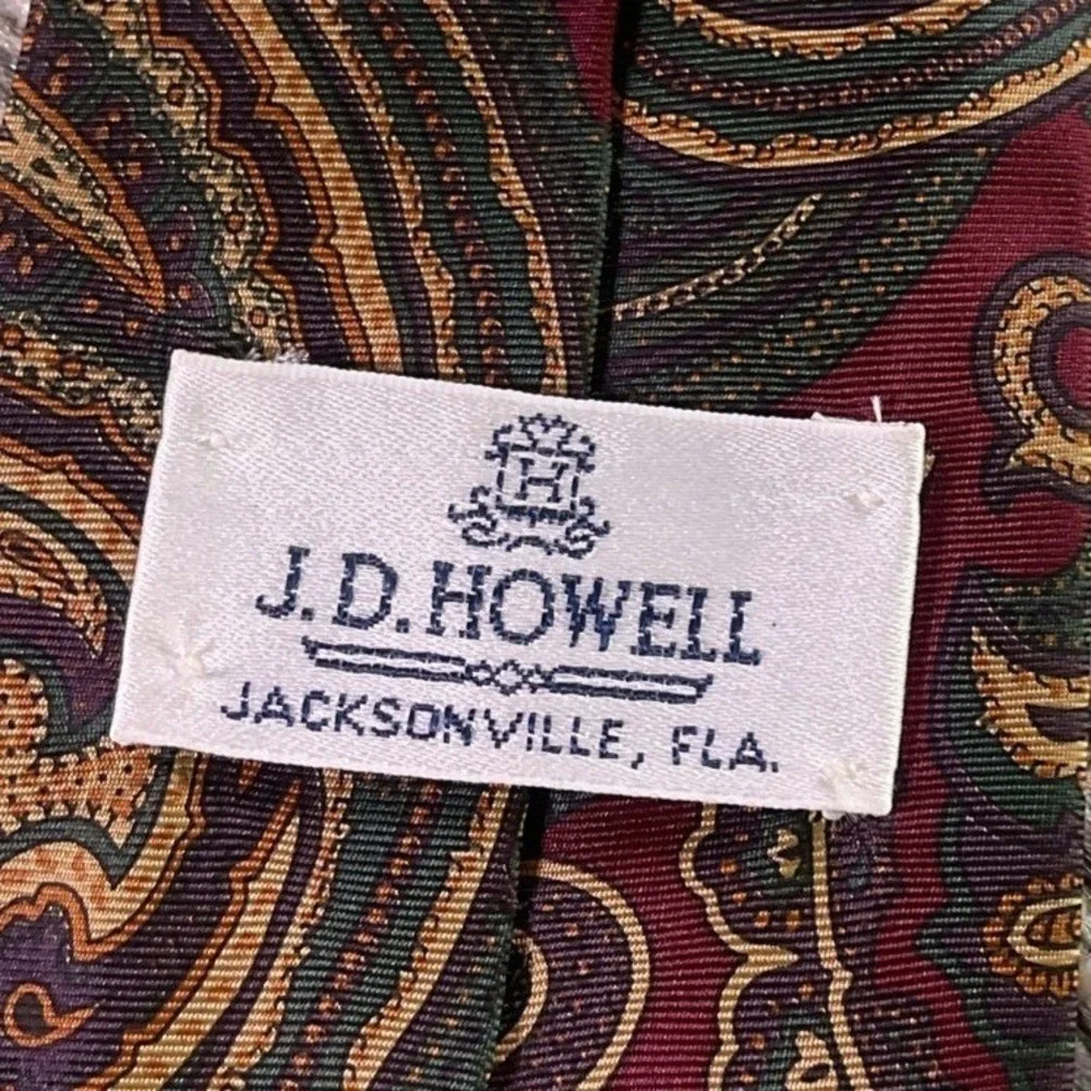 Vtg J.D. Howell Tall Mans Tie Paisley Silk Burgundy Green Gold USA Made 56x3.75